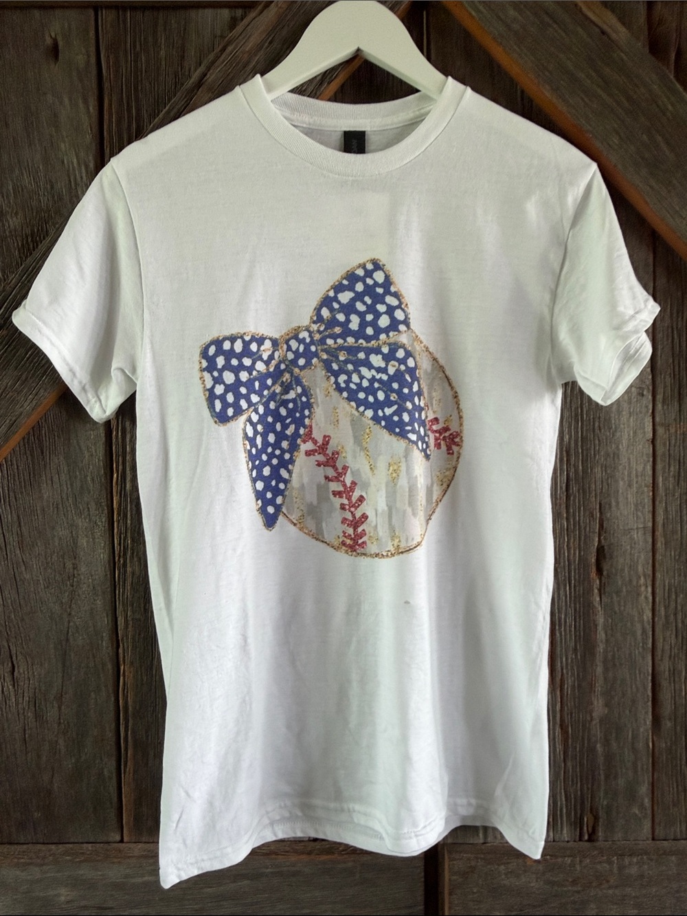 Gildan White Tee with Blue Polka Dot Bow Baseball Graphic